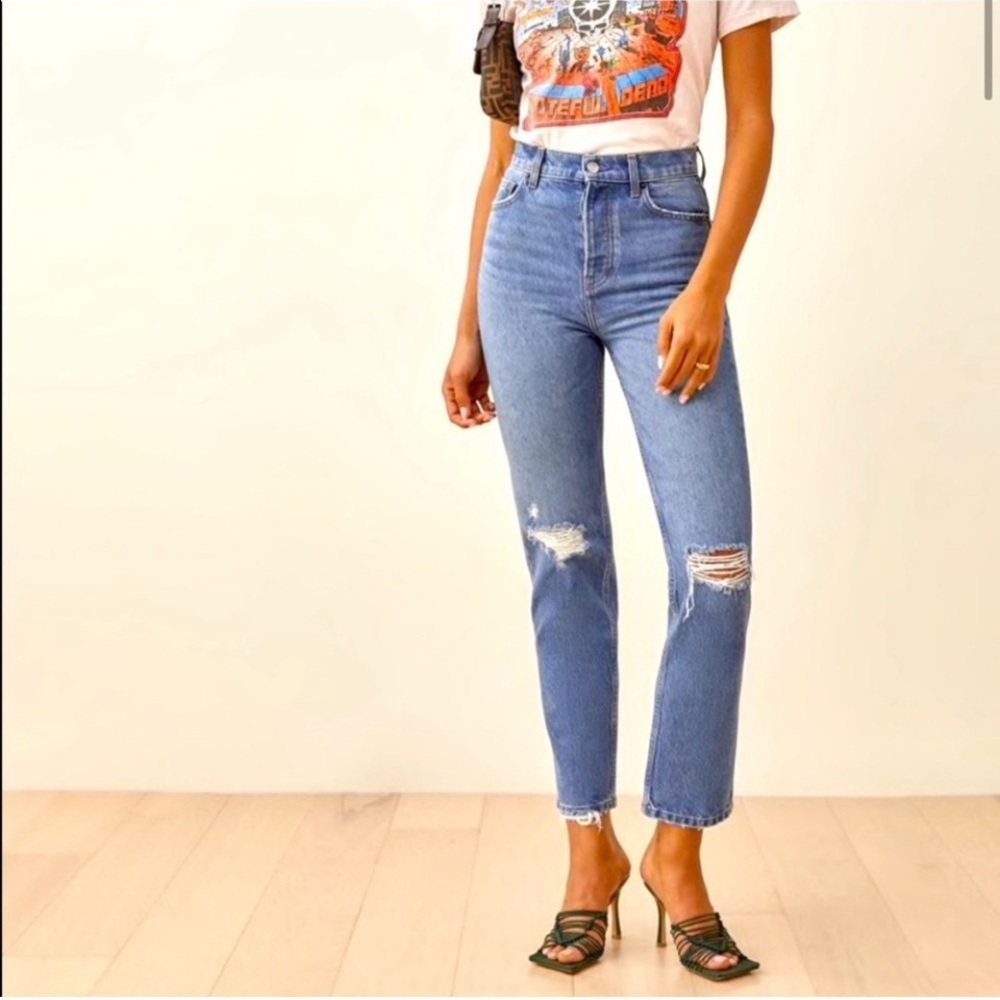 REFORMATION Cynthia High Rise Straight Jean Shasta Destroyed Size 23